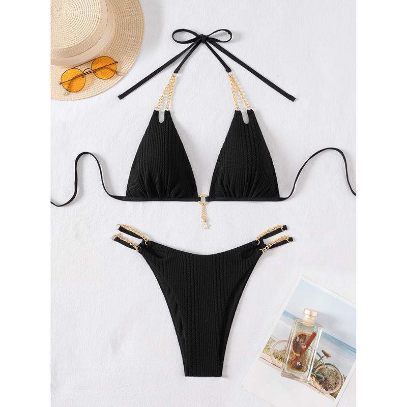 

Купальник Женский На шее Пляжная одежда Металлический декор Раздельный купальник Однотонный Сексуальные стринги Летний отпуск Женский Набор бикини S чёрный