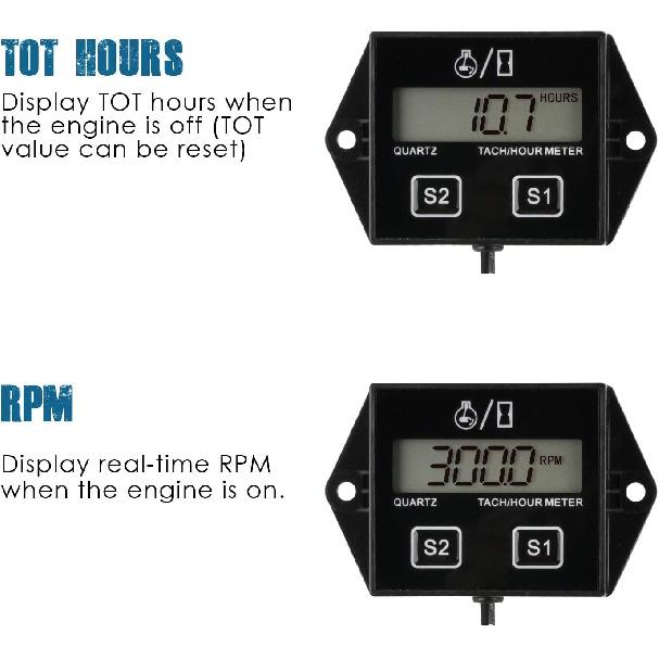 Runleader Digital Hour Meter Tachometer, Maintenance Reminder, Battery Replaceable, Automatically shutdown, Use for ZTR Lawn Mower Tractor Generator