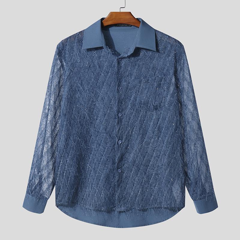 

INCERUN Мужские рубашки топы с лацканами, длинными рукавами, блестками, кисточками, пэчворком и прозрачной сеткой 5XL синий