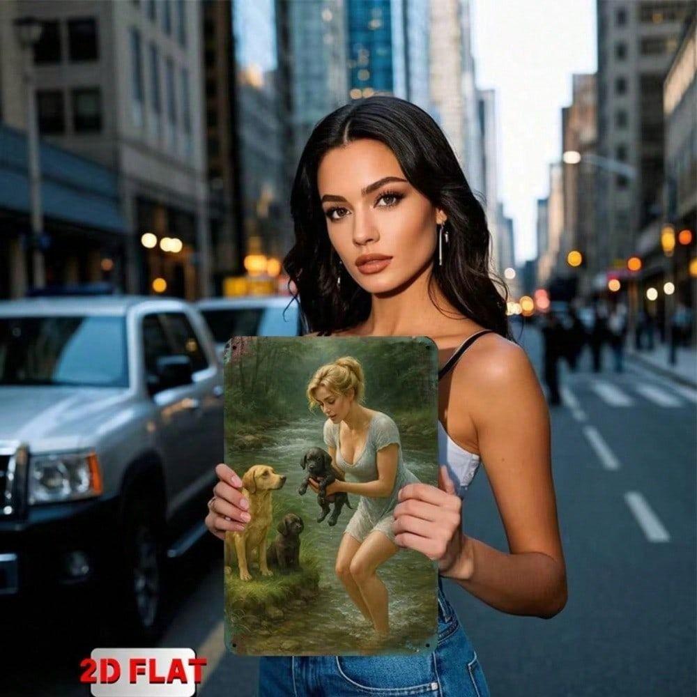 Vintage Frau mit Hund am Fluss Metallposter, Retro Wandkunst für Zuhause