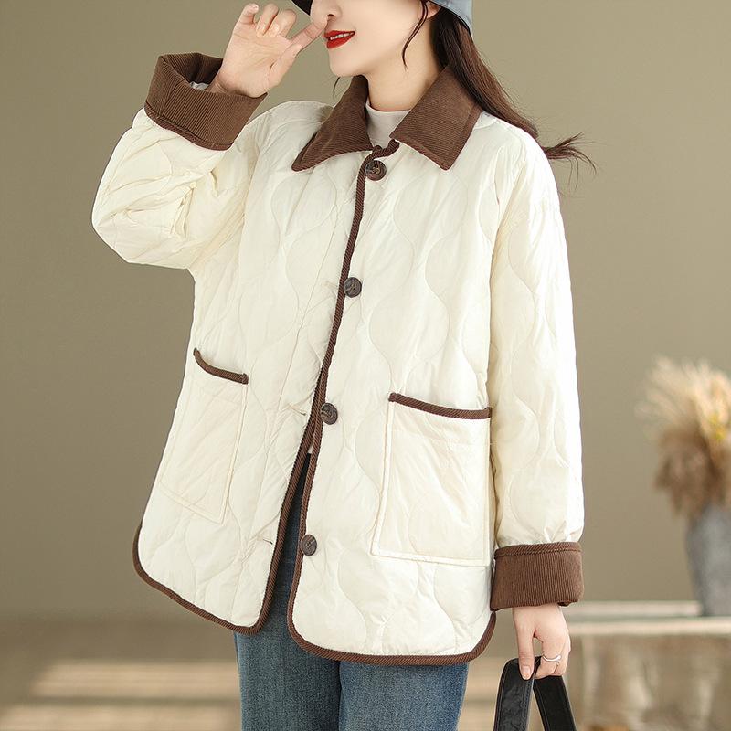 Autumn and Winter Cotton-padded Jacket Lapel Rhombic Contrast Color Loose and Thin Thick Warm Long-sleeved Cotton-padded Jacket Women's Clothing