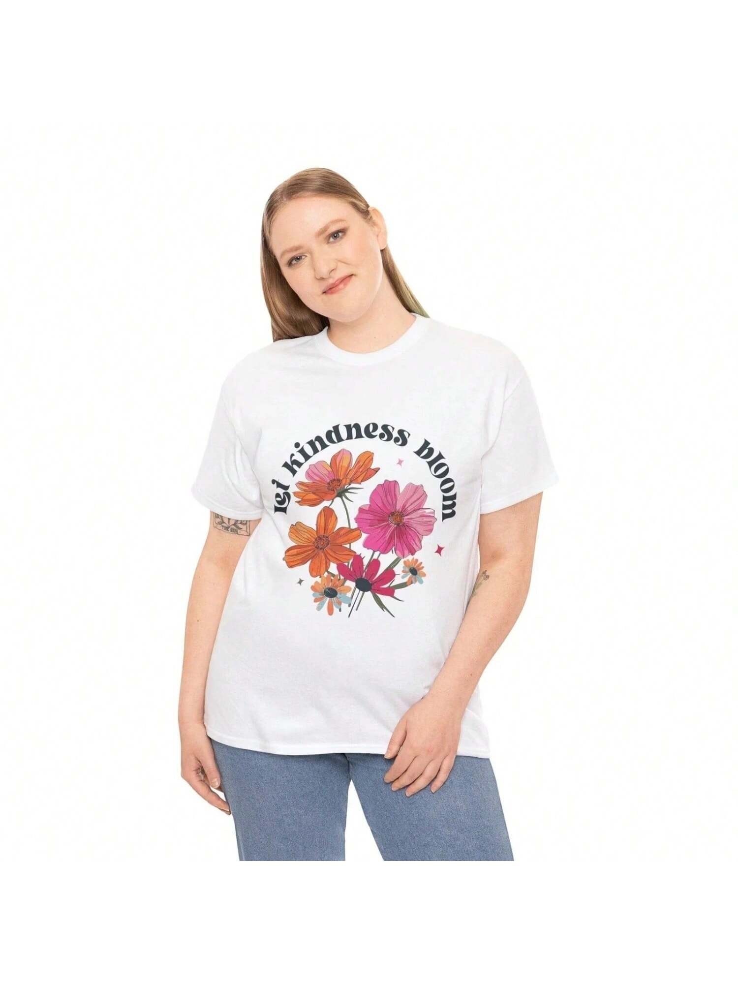 LET KINDNESS BLOOM Women s Boho Cotton T-Shirt Floral Graphic Inspirational S разноцветный