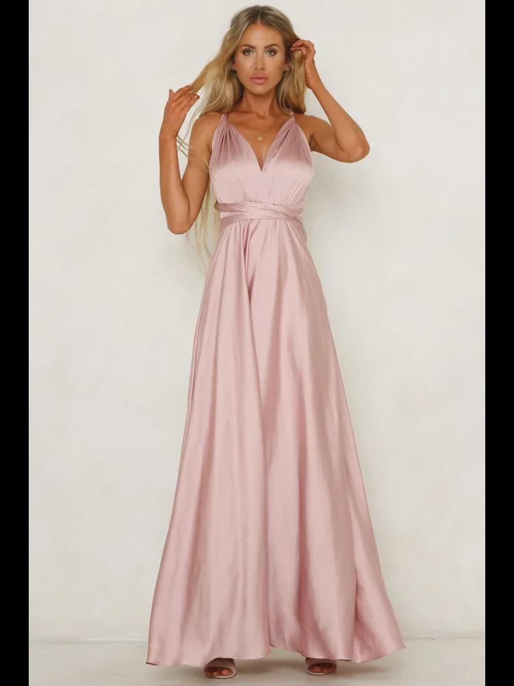 Europäisches und amerikanisches Abendkleid aus Satin mit tiefem V-Ausschnitt für Damen – eleganter, einfarbiger, langer Rock
