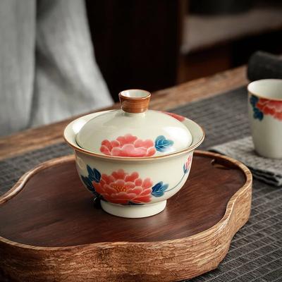 Hand Painted Peony Gaiwan For Tea Ceramic Tureen With Lid Teaware Chinese Persimmon Tea Bowl Chawan Lily Deng's Store