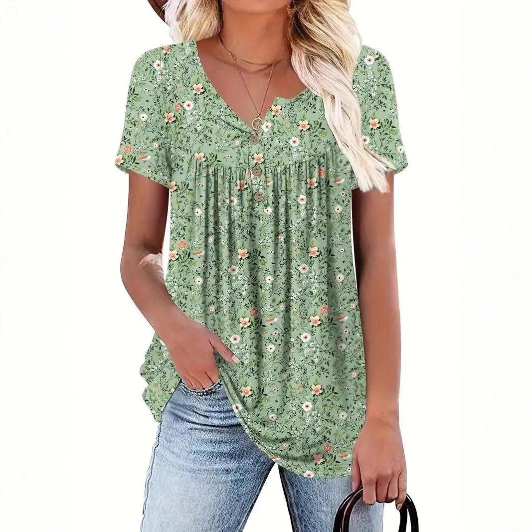 Women s 2026 Summer New Floral Print Short Sleeve Casual T-Shirt Top 1XL зелёный