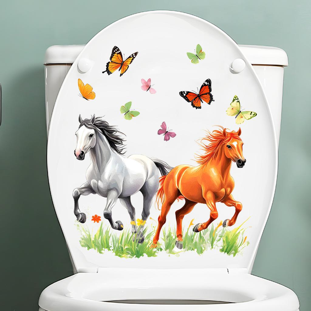 Elegant Horse & Butterfly Toilet Stickers, Waterproof Removable Self-Adhesive for Bathroom Decor