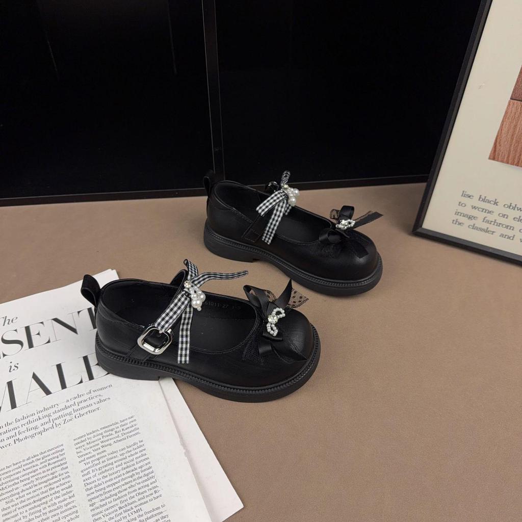 Retro-Prinzessinnenschuhe aus Leder mit Schleife und Strasssteinen – rutschfest, flacher Schaft, koreanischer Stil für Frühling/Herbst 2026