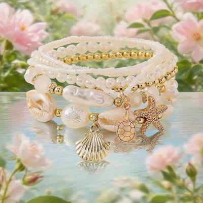 Set da 7 pezzi di Conchiglie, Perle e Perline, Braccialetti Stratificati, Motivi di Conchiglie Ndom, Ottima Idea Regalo, Braccialetto di Cristalli Curativi per Guarigione Energetica Spirituale