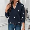 Women V Neck Heart Pattern Pullover Knit Sweater Autumn Casual