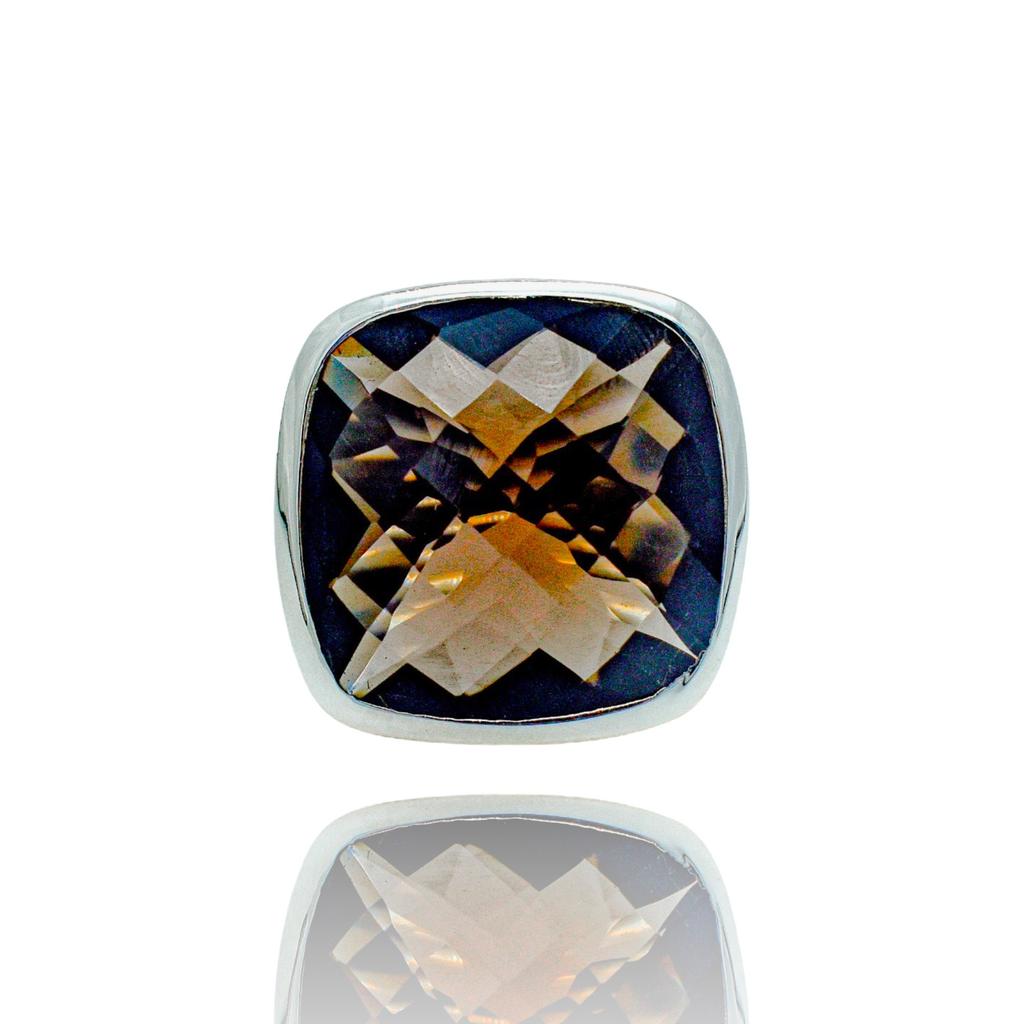 Cushion Cut Smoky Quartz Ring: Sterling Silver Unisex Band