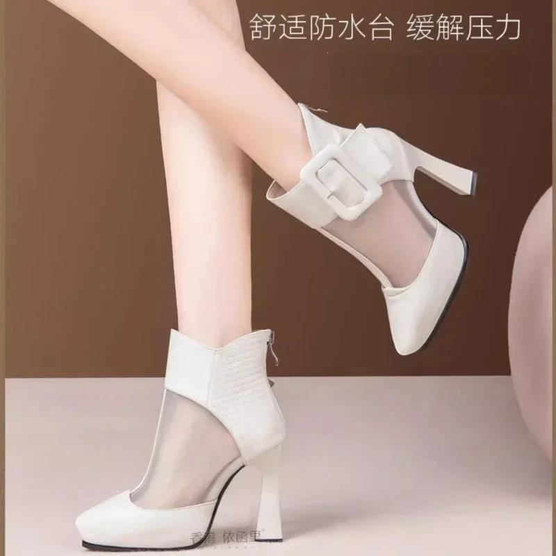 Fashion High Appearance Level Thick Sole Thick Heel Pointed Mesh Fabric Fashion All Comfortable Non-slip Breathable Women's Ankle Boots