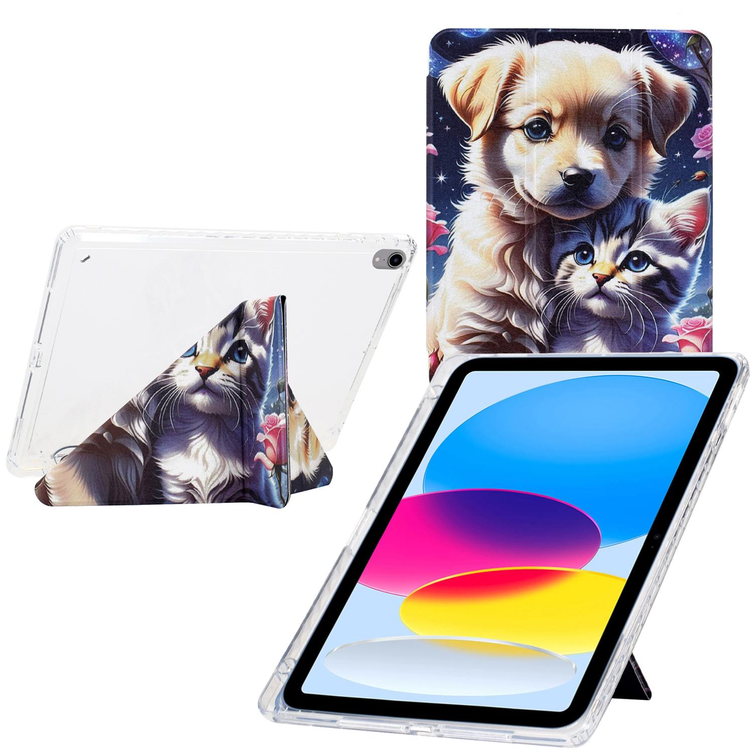 

For iPad (2025)/10.9 (2022) Case Y-Fold Stand Pattern Print Leather+Clear Acrylic Tablet Cover with Pencil Holder Cat and Dog