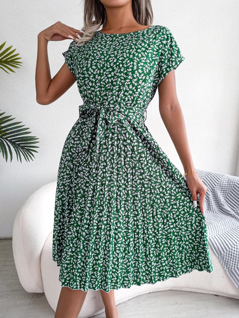 Abito stampato con scollo a O, elegante abito attillato per le donne, a maniche corte, abiti larghi, abito casual