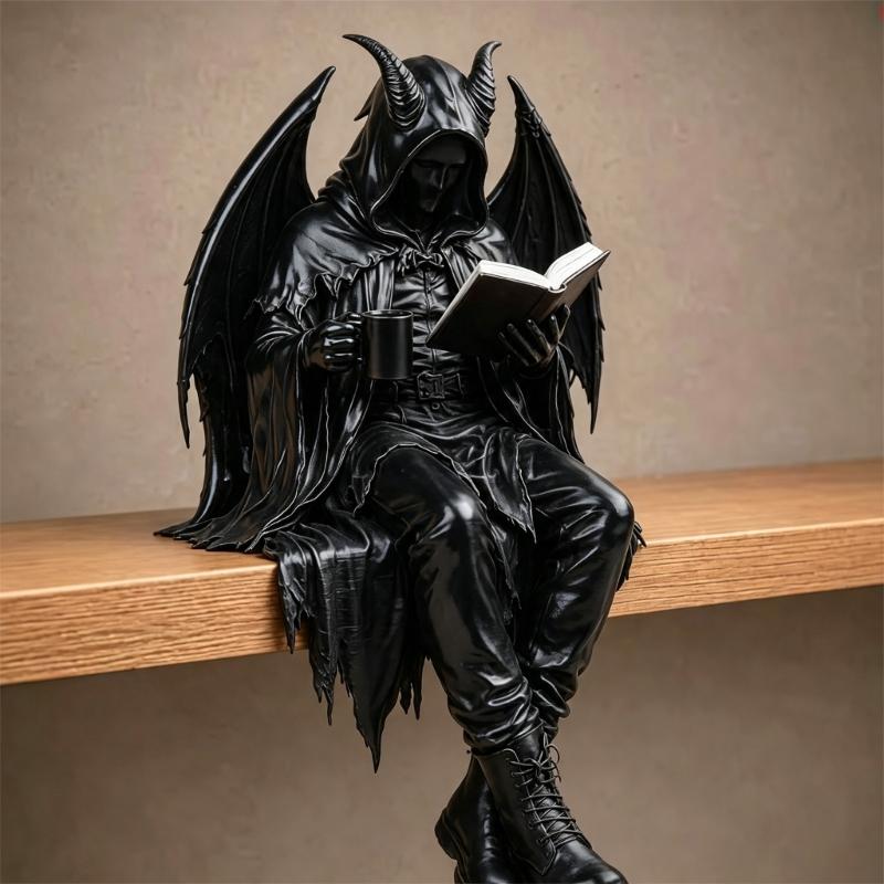 Open Book Reading Figurine Resin Shelf Sitter for Bookshelf Display, Dark Fantasy Statue for Desk Placement and Library Use