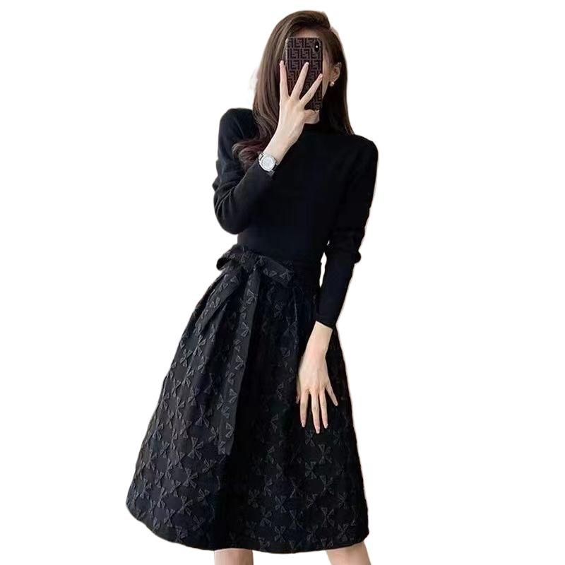 Luxury Women's Black Jacquard A-Line Dress - 2025 Spring Collection