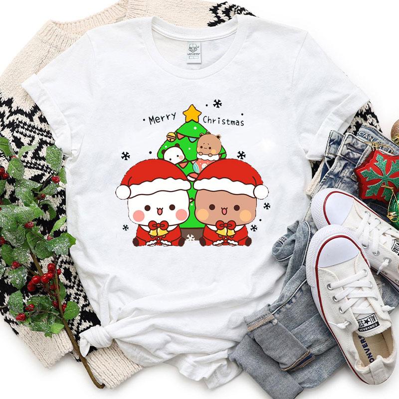 Merry Christmas Cute Funny Bubu Dudu Cartoon Emoticon Graphics Tshirt Ulzzang Men Woman Cotton Tees Trendy Holiday Party Shirt