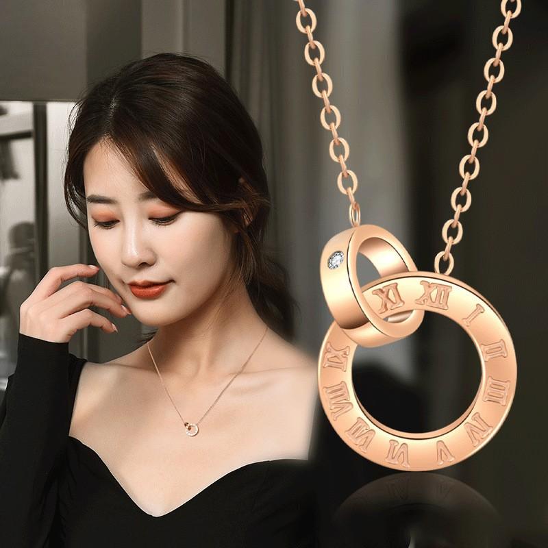 Women s Roman Double Ring Ins Clavicle Chain Pendant Necklace 60CM(Necklace Long)