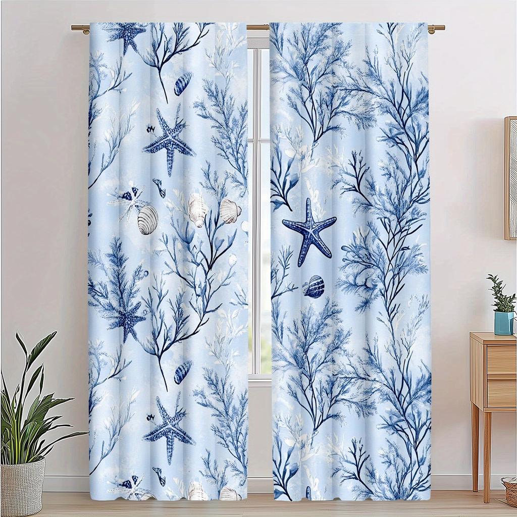 2 Pezzi Tende da Spiaggia Oceano, Tema Mare Blu e Bianco con Stampa di Stelle Marine e Conchiglie Tende Decorative