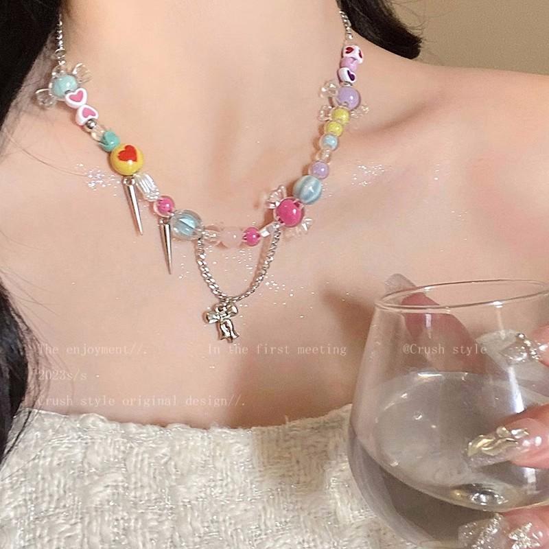 Trend Sweet Cool Wind Colorful Stone Heart Necklace for Women Pink Heart Chains Necklaces Pendants Fashion Aesthetic Y2K Jewelry
