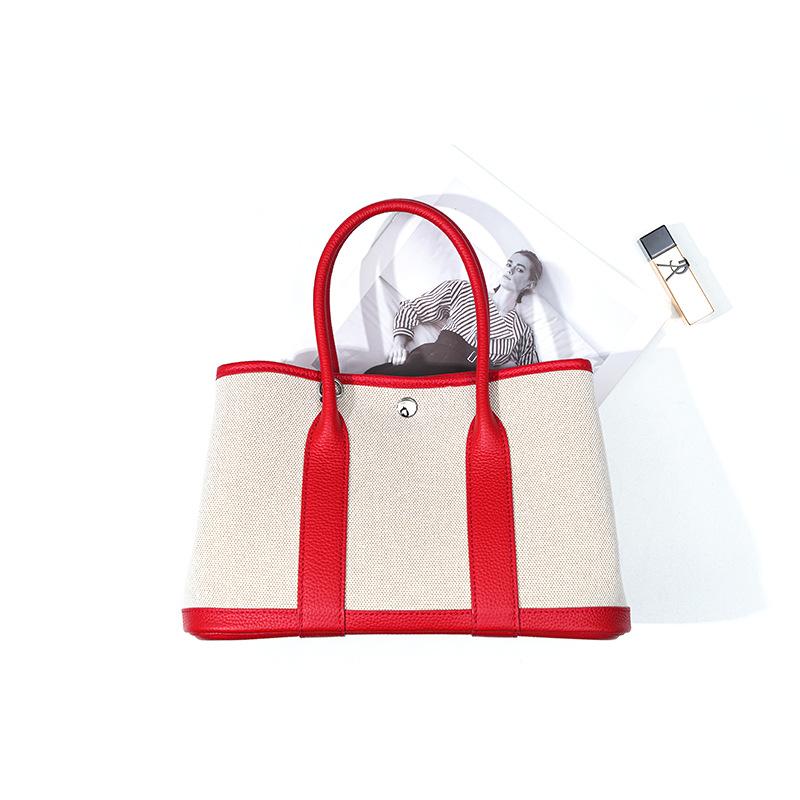 Niche high-end women's leather handbag, first-layer cowhide large-capacity canvas contrasting color garden tote bag