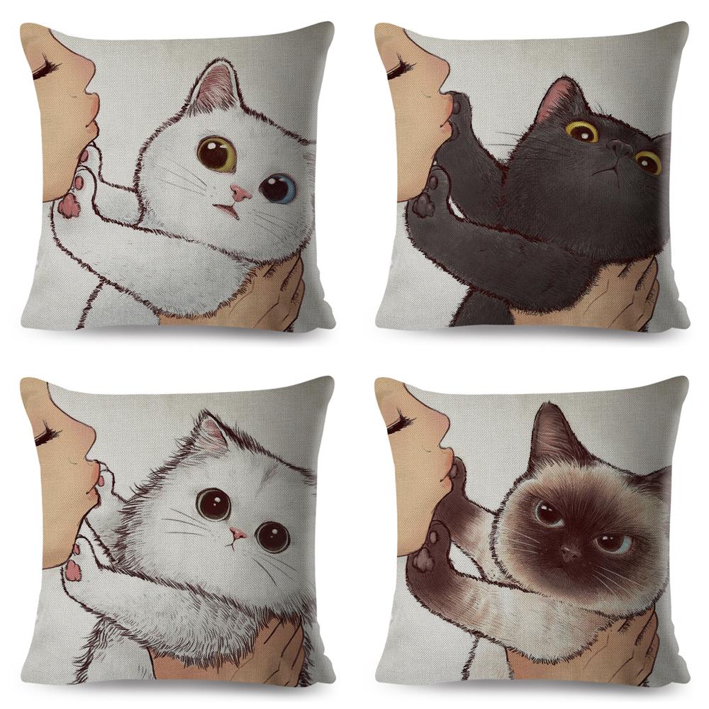 Lustige Liebe Kuss Niedliche Katze Kissenbezüge für Sofa Zuhause Auto Kissenbezug Kissenbezüge Dekor Cartoon Kissenbezug 45x45cm
