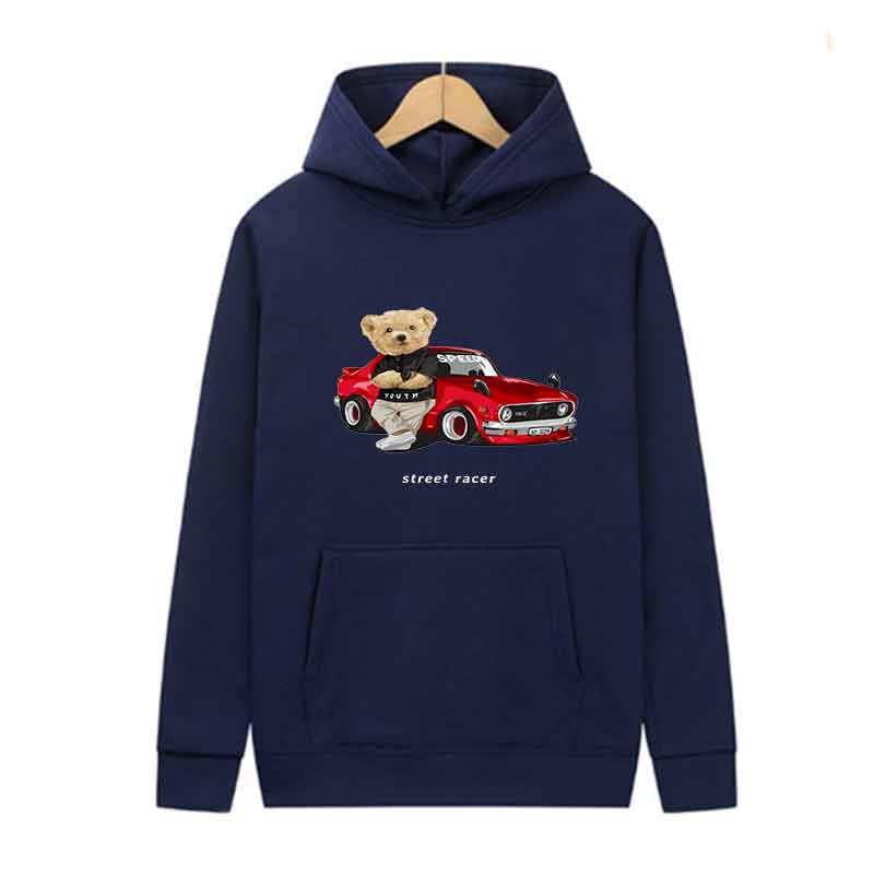 Spring Autumn Fashion Casual Hooded Sweatshirt Men Women Street Simple Hoodie Little Bear Drive A Car Printing Unisex Top