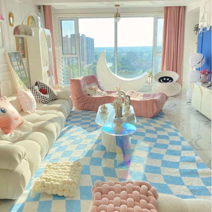 Modern Pink Living Room Carpet Ins Plaid Plush Soft Girls Bedroom Carpets Fashion Large Area Cloakroom Decorative Rug