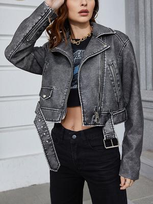 Jaro Podzim Ženy Vintage Volné Pu Umělá kůže Krátká bunda Streetwear Žena Zip Klopa Pásek Kabát Outwear Topy