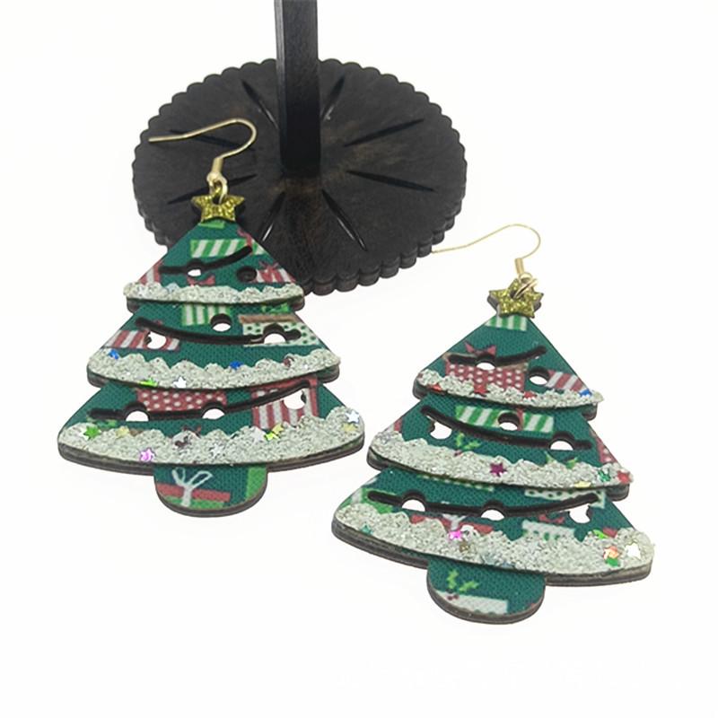 European and American Cross-border Wooden Double-layer Christmas Tree Earrings