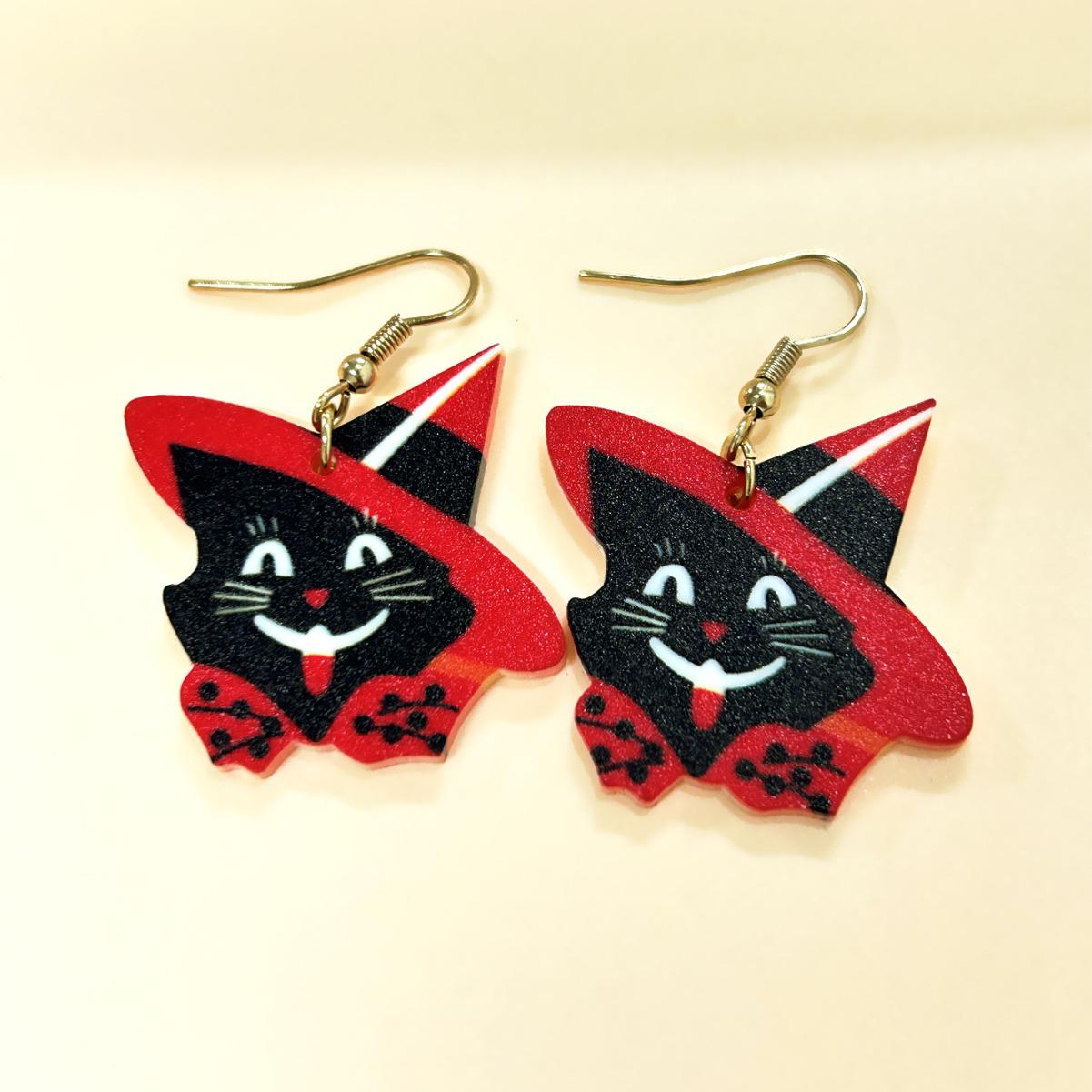 

Серьги-подвески «Красная шляпа ведьмы и черный кот»: Готический стиль для Хэллоуина, музыкальных фестивалей, баров чёрный