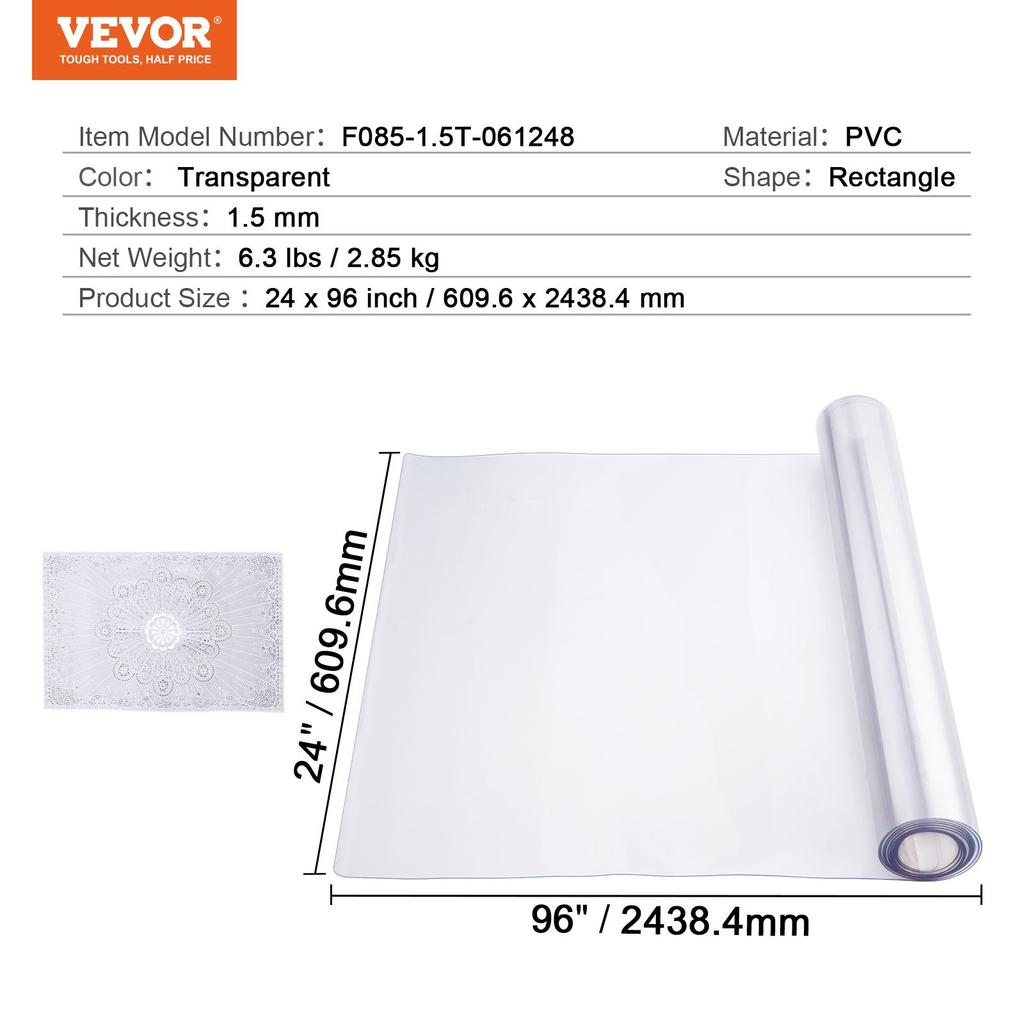 VEVOR Plastic Table Cover, 24 X 96 Inch 1.5 Mm Thick Clear Table Protector, Rectangle PVC Desk Mat