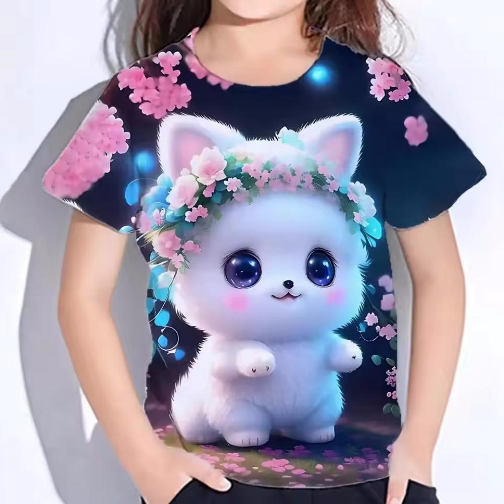 Kids Clothes 3D Print Cute Cat Graphic T Shirts Casual Summer Short Sleeves Female Child Clothes T-Shirts for Children Tops