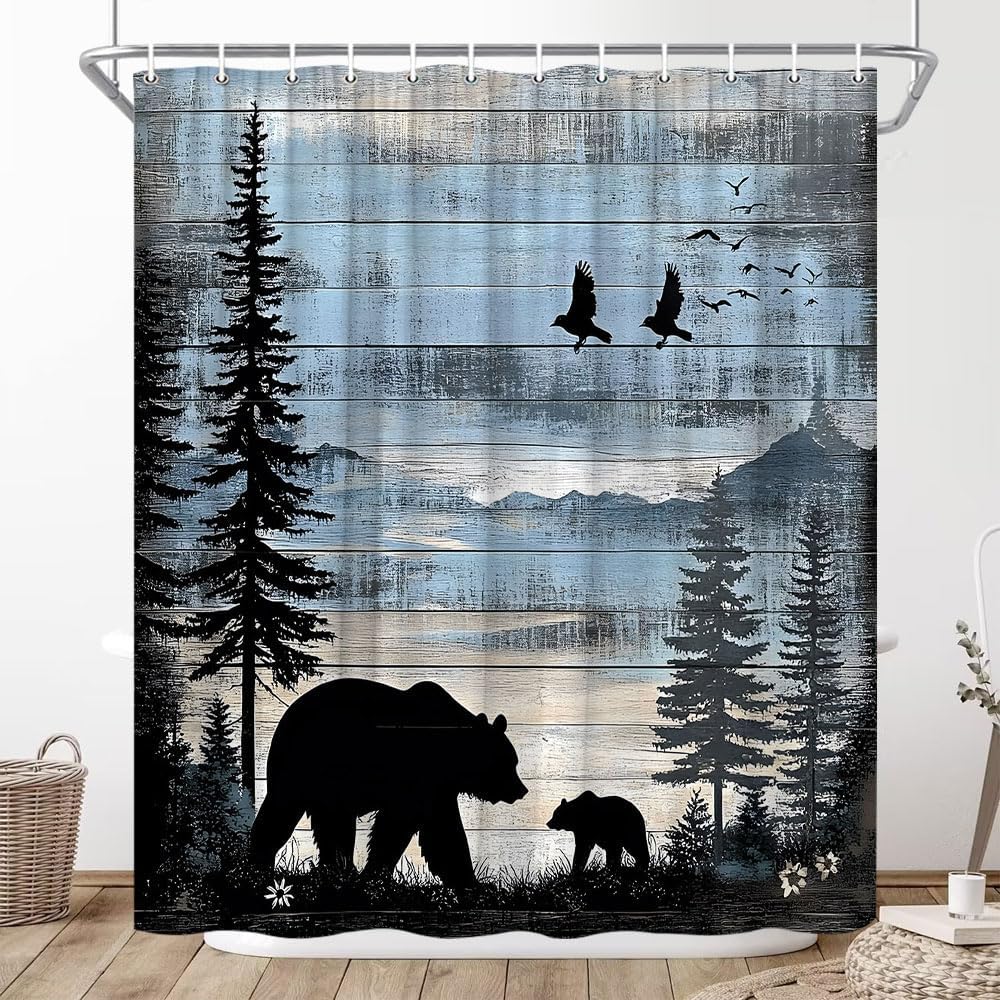 Rustic Forest Bear Shower Curtain Cabin Farmhouse Animal Country Lodge Retro Wooden Board Tree Wildlife Blue Vintage Hunting