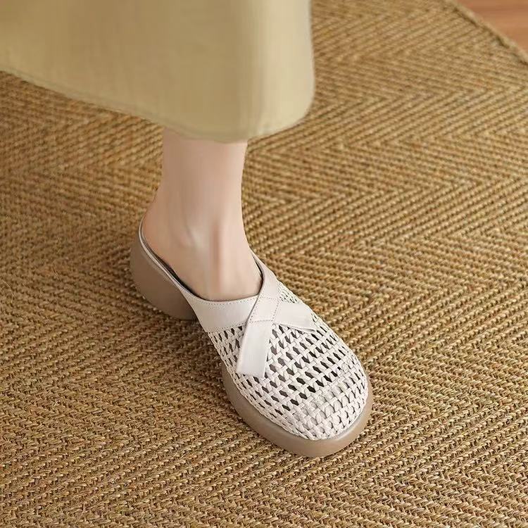 2025 summer new woven hollow thick-soled bag head rear empty slippers wear high-heeled muller shoes fashion shoes women's slippers