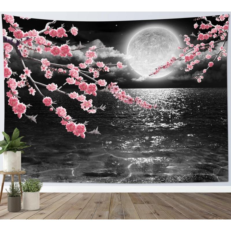 VIKAMA Romantic Cherry Blossom Full Moon Seascape Tapestry Inkwash Style Bedroom Headboard Feature Wall Decoration