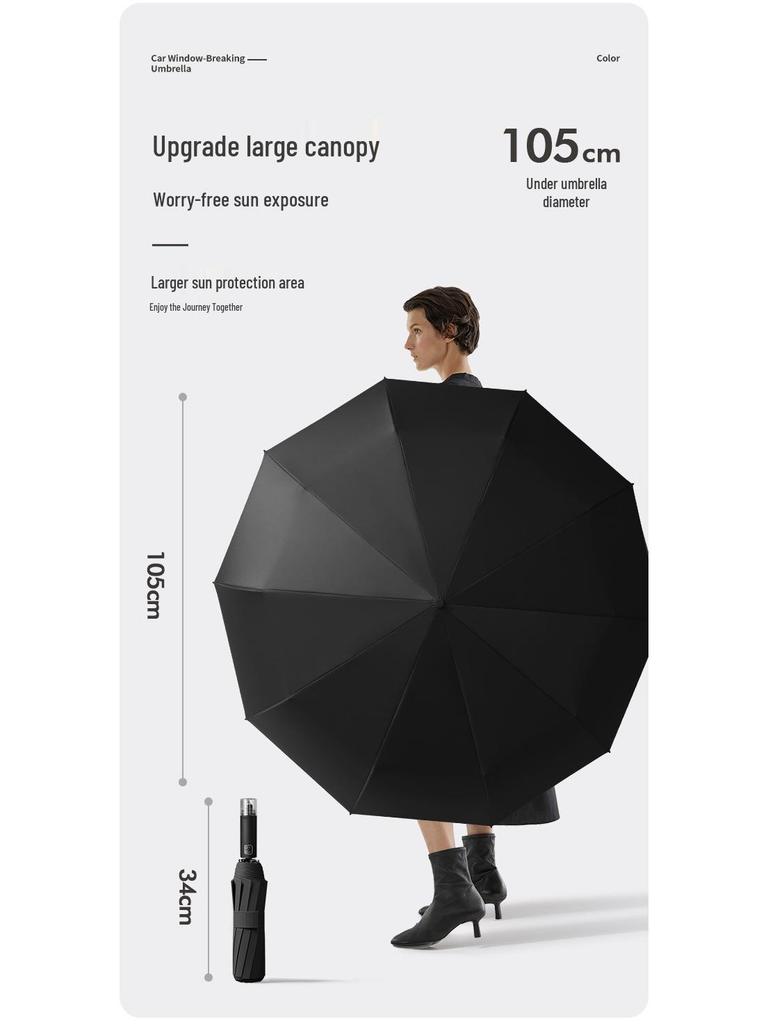 10-Rib Automatic Umbrella: Reinforced for Sun & Rain, Sunshade & Emergency Window Breaking, Customizable Logo, Perfect for Advertising.
