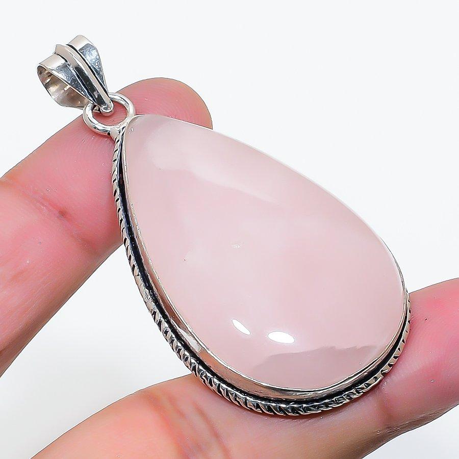 Natural Rose Quartz Gemstone Handmade 925 Sterling Silver Pendant 2.32" AP-15834