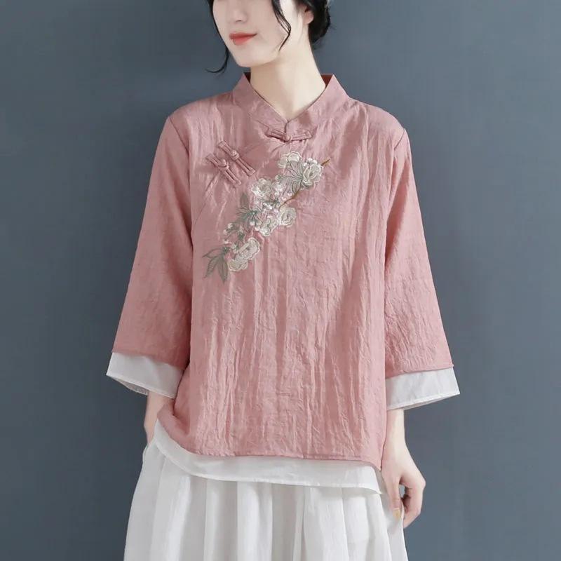 Women's Chinese Style Linen Blouse Floral Embroidery Mandarin Collar 3/4 Sleeve Casual Top