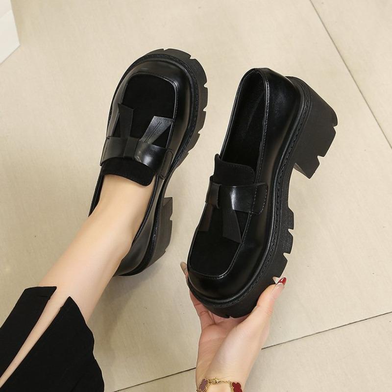 Round Toe Deep Mouth Loafers Women's Fashion Bow Platform Non-Slip Wear-Resistant Kitten Heels