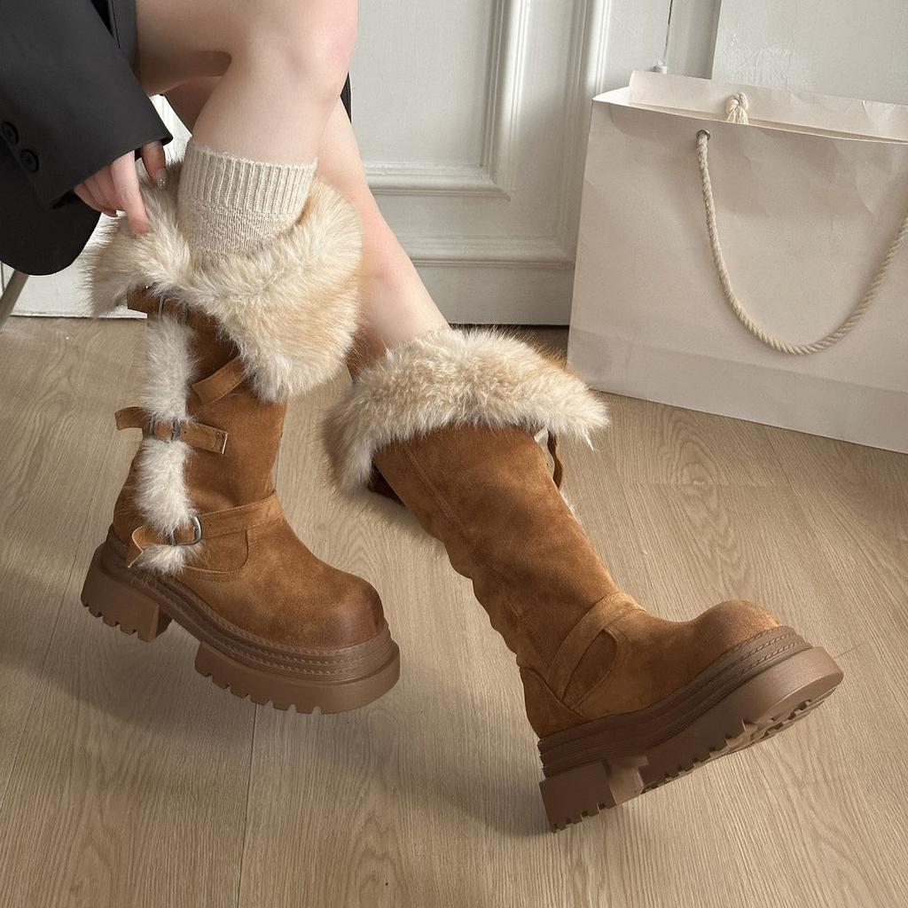 Dicke Sohle, zwei Tragemöglichkeiten, flauschige Schneestiefel für dünne Frauen im Winter, Nordost-Stiefel, hoch und samtig, aber knielang
