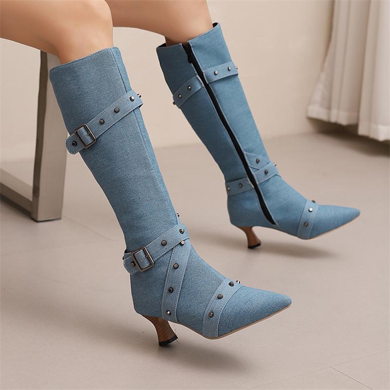 FOREADA Women Knee High Boots Pointed Toe Kitten High Heels Rivets Buckle Zipper Long Boots Ladies Fashion Shoes Winter 46