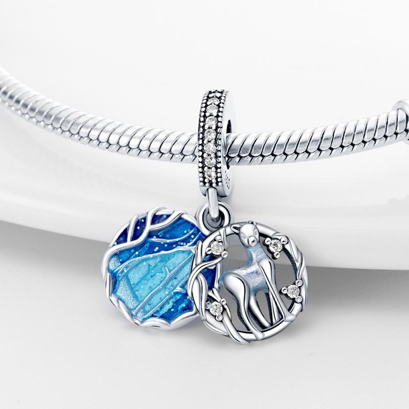 Inlaid Zircon Charm Beads Copper Blue Forest Elf Deer Dangle Fit Original Bangle Bracelet Charms Pendant Jewelry
