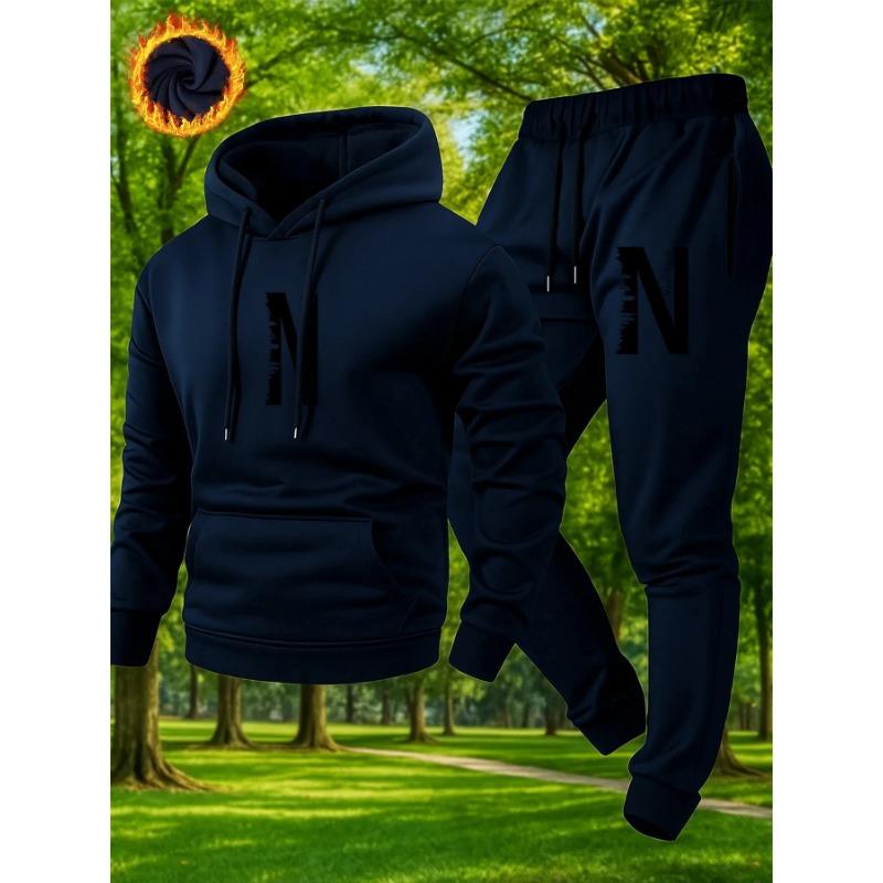 2026 N letter printed sportswear set men's hooded sweatshirt long pants set spring and autumn winter warm suit