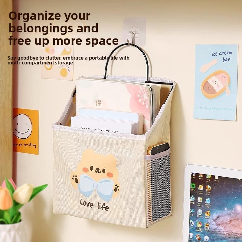 Dorm Room Cotton Fabric Wall Hanging Storage Bag With Multipurpose Pouch For Bedroom Organization
