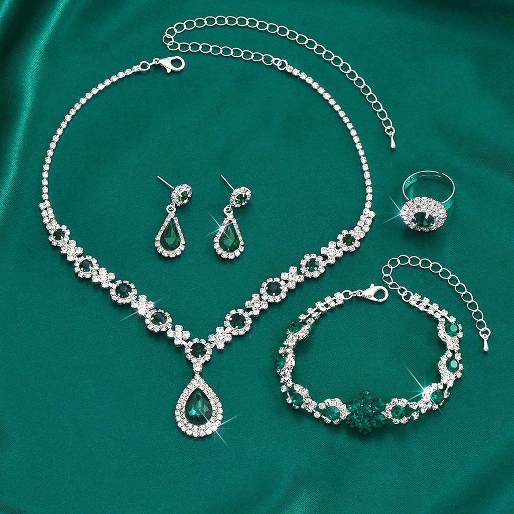 4PCS Copper Color Crystal Drop Necklace Earrings Bracelet Ring Jewelry Set for Women Rhinestone Wedding Party Accessories