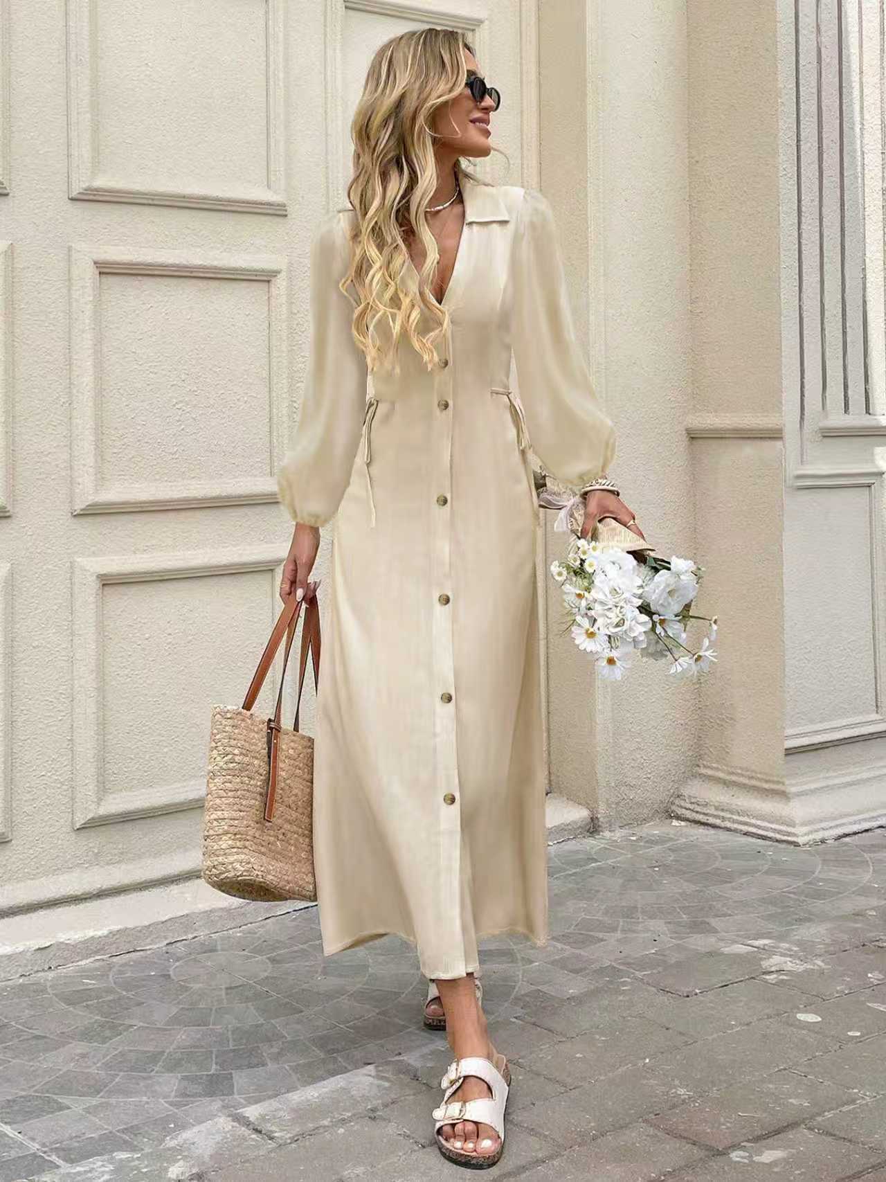 2025 early autumn new SHEIN, TEMU hot-selling solid color V-neck single-breasted shirt skirt PJ0307 S абрикосовый