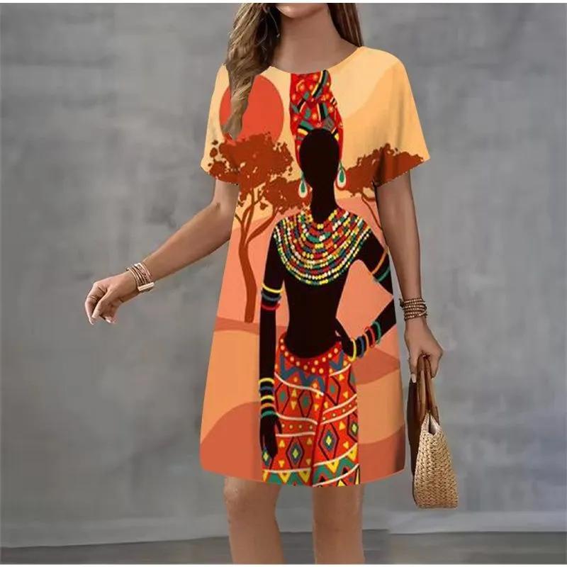 Fashion Women's Crew Neck Dress 3D Casual Color Printing Casual Short Sleeve Crew Neck Dress