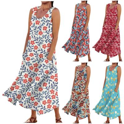 Lässiges, bequemes, ärmelloses Baumwolltaschenkleid mit Blumendruck für Damen
