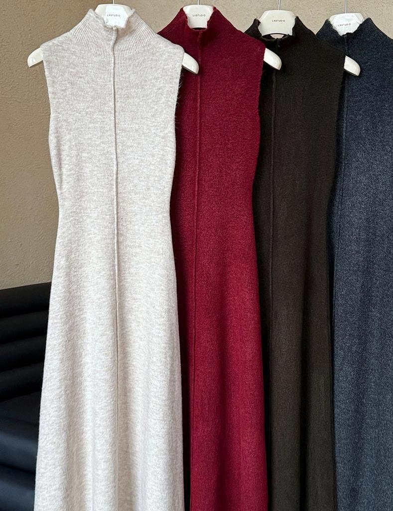 Cárdigan largo de punto, vestido de cuello alto, conjunto de dos piezas