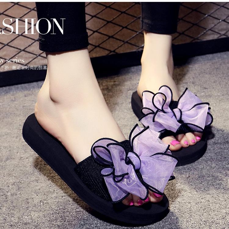 New Ladies Korean Bowknot Thick Bottom Height Increasing Sandals - Non-slip Flat Bottom Herringbone Beach Sandals for Outdoor Casual Wearing